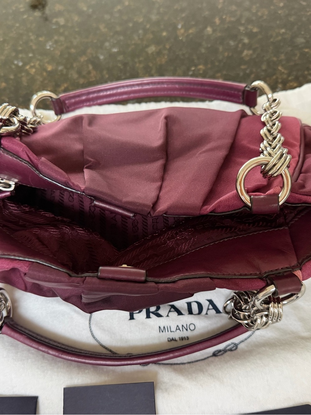 Prada Two-Tone Plum Satin Shoulder Bag with Chain Handles - Picture 11 of 14